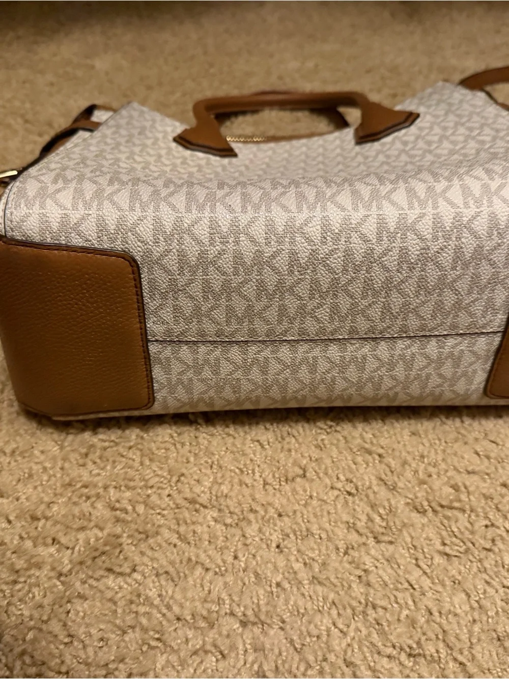 Michael Kors White Monogram Satchel with Brown Trim